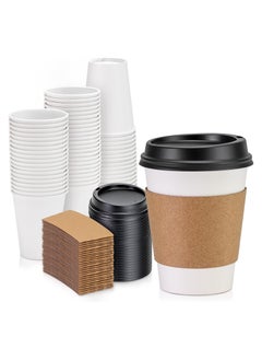 Generic 50 Pack 12oz White Disposable Paper Coffee Cups with Black Lid and Kraft Cylinder Sleeve Combo Small Tall Paper Cups  - Image 1
