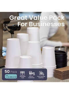 Generic 50 Pack 12oz White Disposable Paper Coffee Cups with Black Lid and Kraft Cylinder Sleeve Combo Small Tall Paper Cups  - Image 2