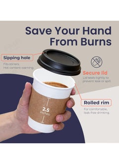 Generic 50 Pack 12oz White Disposable Paper Coffee Cups with Black Lid and Kraft Cylinder Sleeve Combo Small Tall Paper Cups  - Image 4