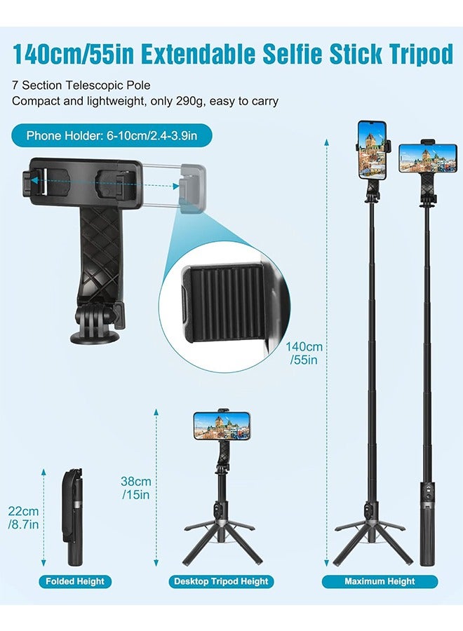 55"/140cm Tripod for iPhone, Compact Selfie Stick Tripod for Mobile, Extendable Phone Tripod Stand for Video Recording, Travel iPhone Tripod Stand with Remote  - Image 5