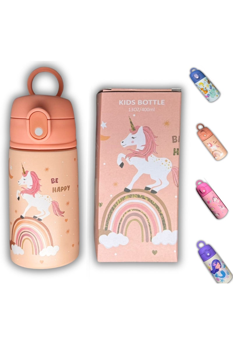 سبرينترز jجاجة ماء للأطفال بشكل يونيكورن – 400 مل ترمس ستانلس ستيل مع مصاصة – معزولة حرارياً، مانعة للتسرب، خالية من مادة BPA – زجاجة لطيفة قابلة لإعادة الاستخدام للمدرسة والسفر ووجبة الغداء - Image 1
