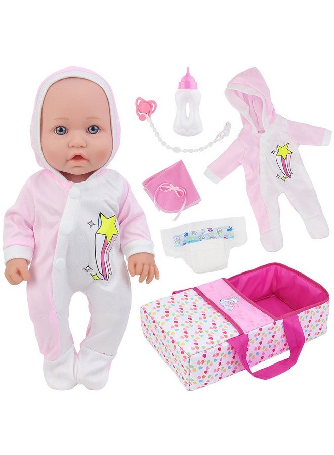 Ecore Fun 12 Inch Baby Doll With Bassinet Bed, Soft 12In Baby Doll And Accessories Includes 12" Baby Doll, 12 Inch Doll Jumpsuit, Bottles, Pacifier, Diaper, Burp Cloth, First Baby Dolls For Kids - Image 1