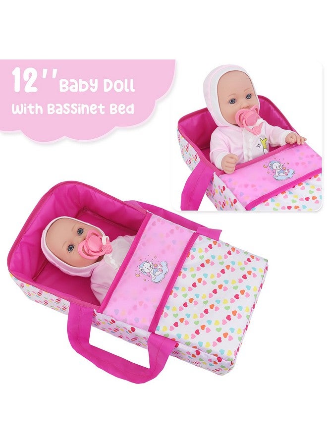 Ecore Fun 12 Inch Baby Doll With Bassinet Bed, Soft 12In Baby Doll And Accessories Includes 12" Baby Doll, 12 Inch Doll Jumpsuit, Bottles, Pacifier, Diaper, Burp Cloth, First Baby Dolls For Kids - Image 5