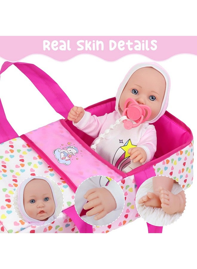 Ecore Fun 12 Inch Baby Doll With Bassinet Bed, Soft 12In Baby Doll And Accessories Includes 12" Baby Doll, 12 Inch Doll Jumpsuit, Bottles, Pacifier, Diaper, Burp Cloth, First Baby Dolls For Kids - Image 3