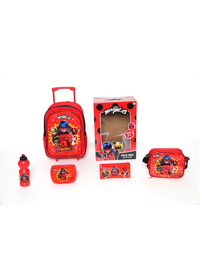 MARVEL 5-Piece Miraculous Printed Zipper Closure Telescopic Handle Trolley Backpack Set Multicolor FKVP-02227