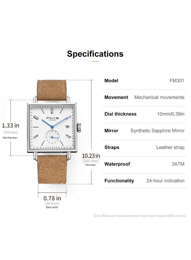 FEICE FM301 Automatic Mechanical Watch, Minimalist Square Design, Sapphire Crystal, Leather Strap, 3ATM Water Resistant - Image 2