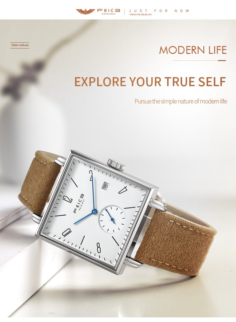 FEICE FM301 Automatic Mechanical Watch, Minimalist Square Design, Sapphire Crystal, Leather Strap, 3ATM Water Resistant - Image 3