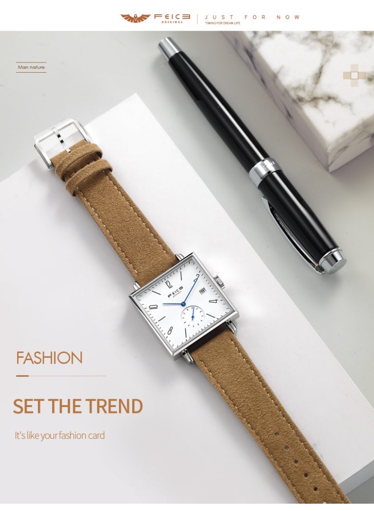 FEICE FM301 Automatic Mechanical Watch, Minimalist Square Design, Sapphire Crystal, Leather Strap, 3ATM Water Resistant - Image 4