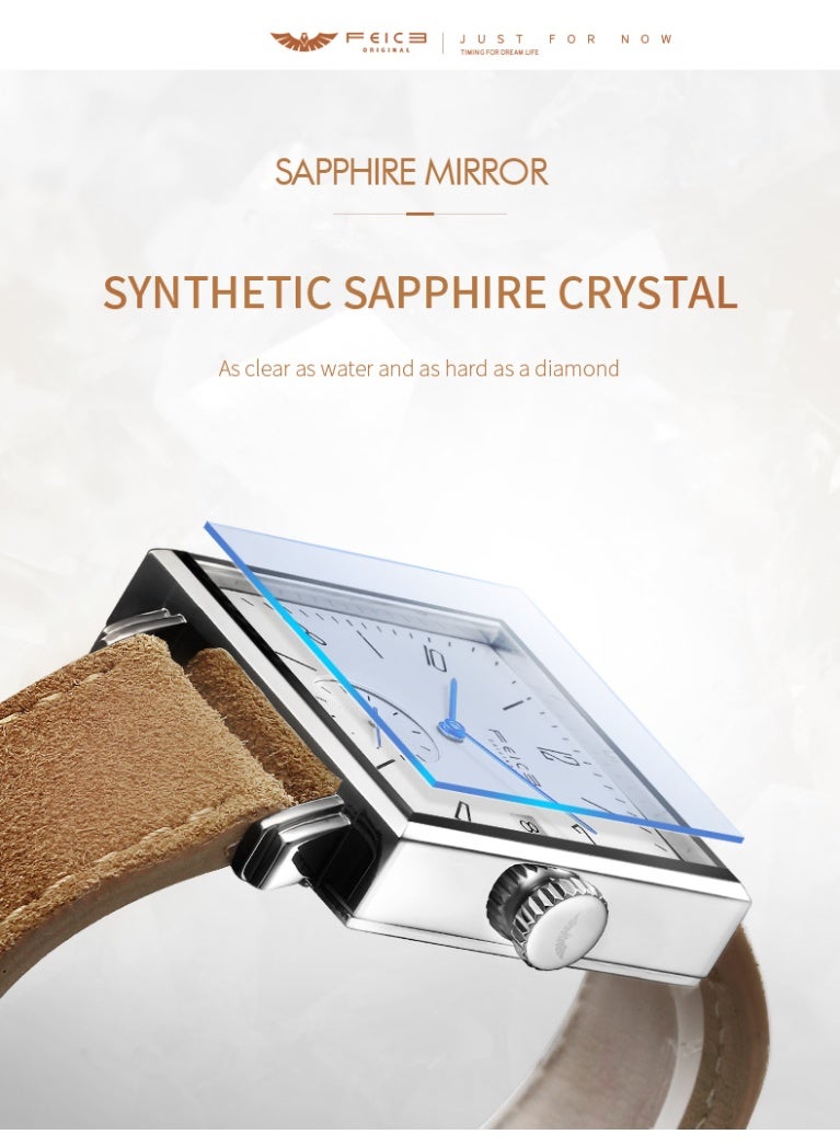 FEICE FM301 Automatic Mechanical Watch, Minimalist Square Design, Sapphire Crystal, Leather Strap, 3ATM Water Resistant - Image 5