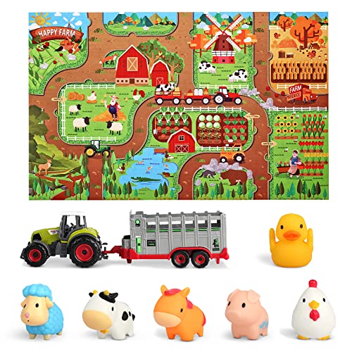 Oriate Farm Tractor Carrier with Cartoon Farm Animals and Playmat 6 Pack Bath Squirter Silicone Rubber Farm Animal Toys 472 x 315 Happy Farm Play mat Birthday Gifts for Kids - Image 1
