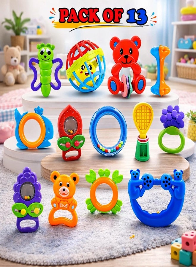 WISHKEY Plastic Colorful Non Toxic BPA Free Shake & Grab Rattles and Soothing Teethers for Babies & Infants, Early Age Toys for Kids (Pack of 13, Multicolor) - Image 5
