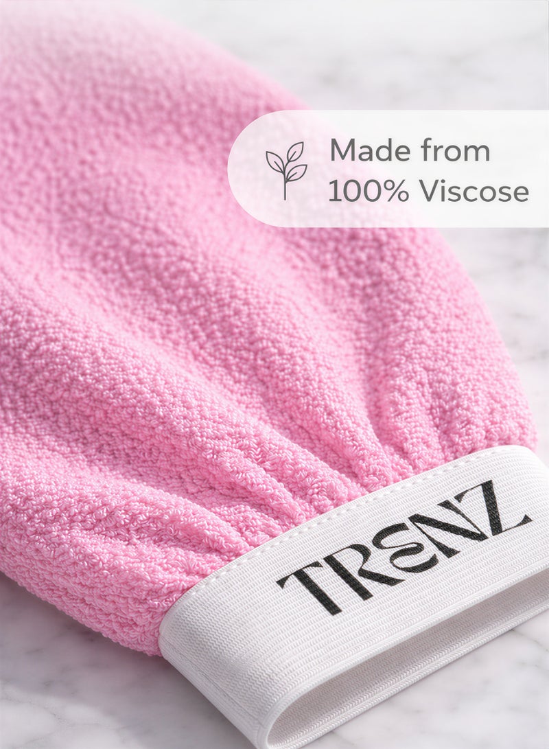TRENZ Exfoliating and cleansing loofah, viscose bath glove for a Moroccan bath at home - Pink - Image 3