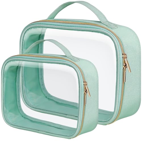 PACKISM TSA Approved Toiletry Bag - Glitter Textured Clear Makeup Bag, Personalized and Fashion, with 180° Large Opening and Supporting Frame, Perfect for Travel Essentials, Thick No Smell, Green - Image 1