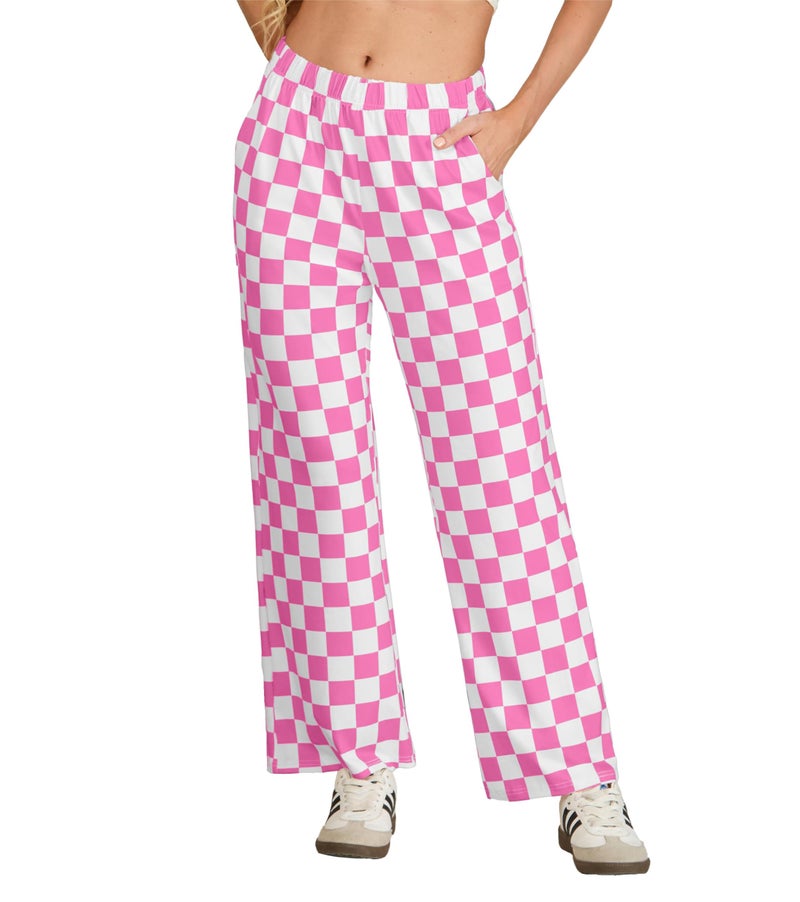 IWOLLENCE Saint Valentine's Women's Y2K Wide Leg Pants Checkered Casual Loose High Waist Loungewear Teen Gingham Sweatpants Summer Pink White, M - Image 4