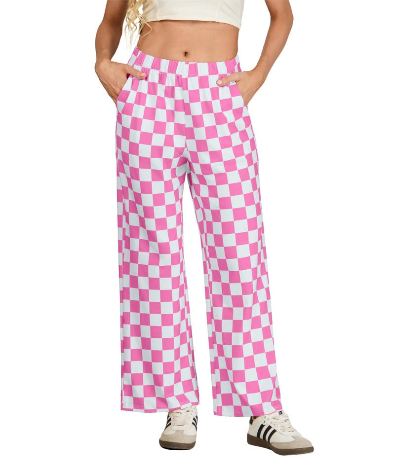 IWOLLENCE Saint Valentine's Women's Y2K Wide Leg Pants Checkered Casual Loose High Waist Loungewear Teen Gingham Sweatpants Summer Pink White, M - Image 3