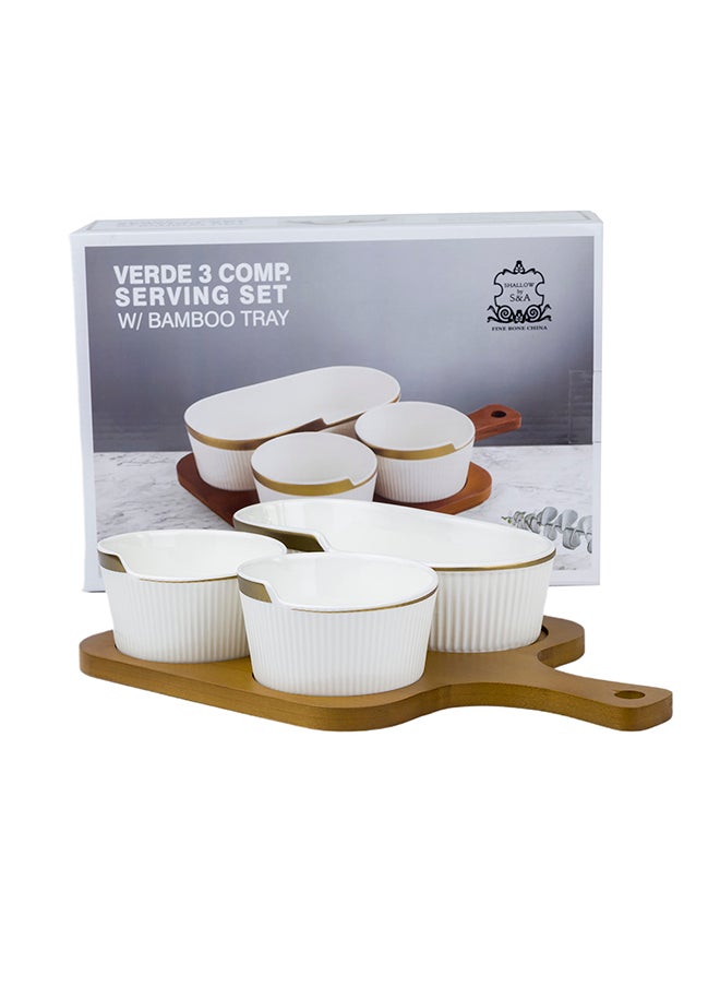 Shallow Shallow Porcelain New Bone China Verde 3-Compartment Serving Set with Bamboo Tray - Elegant Culinary Presentation  - Image 3