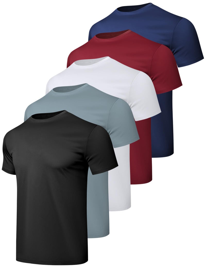 HovSiyla 5 Pack Workout Shirts for Men Athletic Running Gym Quick Dry Short Sleeve Performance Moisture Wicking T Shirt Black/Grey/White/Burgundy/Navy Blue-M - Image 1