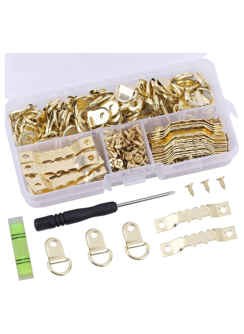 SYOSI - Hook Set Box Hook D Ring Picture Frame Hanger Sawtooth Photo Hanging Hardware Set with Screws and Spirit Level Silver Gold 252 psc - Image 1