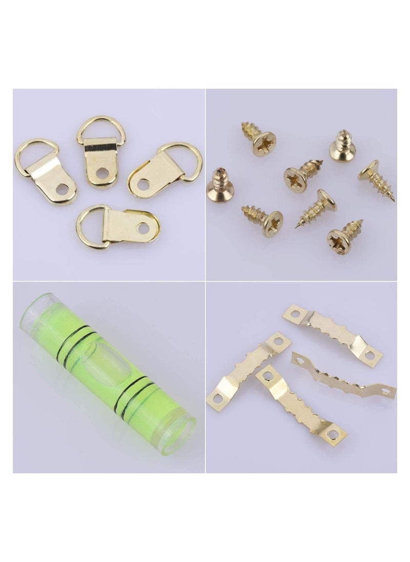 SYOSI - Hook Set Box Hook D Ring Picture Frame Hanger Sawtooth Photo Hanging Hardware Set with Screws and Spirit Level Silver Gold 252 psc - Image 1