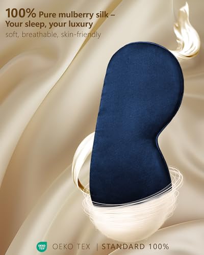 BLSSNZ Silk Eye Mask for Sleeping - Soft Breathable Organic Natural Mulberry Silk Fabric Blackout Sleep Mask with Adjustable Straps No Pressure Eye Mask for Travel Essentials Gifts (Navy Blue) - Image 2