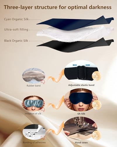 BLSSNZ Silk Eye Mask for Sleeping - Soft Breathable Organic Natural Mulberry Silk Fabric Blackout Sleep Mask with Adjustable Straps No Pressure Eye Mask for Travel Essentials Gifts (Navy Blue) - Image 5