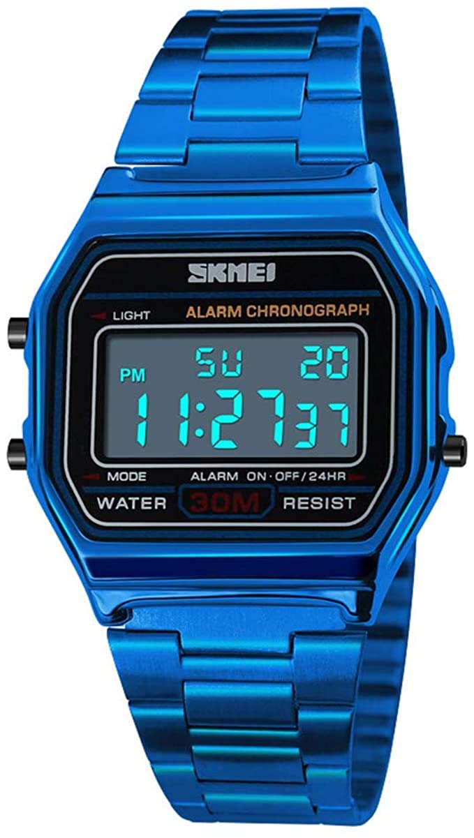 MASTOP Women's Classic Simple Petite Electronic Quartz Watch Stainless Steel Square Slim Led Digital Watch (1123 S Blue) - Image 1