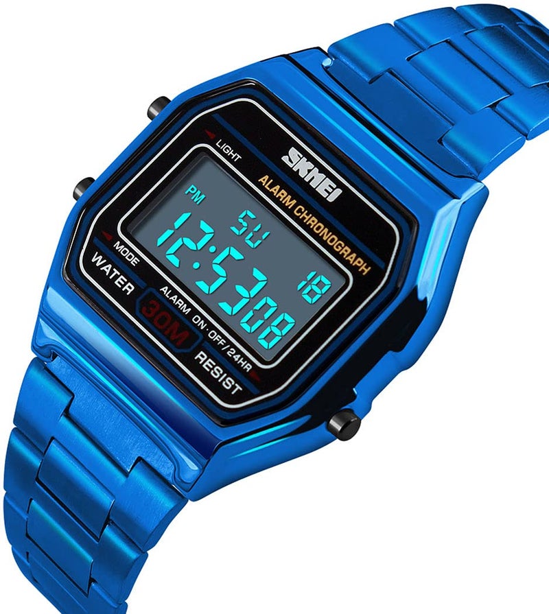 MASTOP Women's Classic Simple Petite Electronic Quartz Watch Stainless Steel Square Slim Led Digital Watch (1123 S Blue) - Image 2