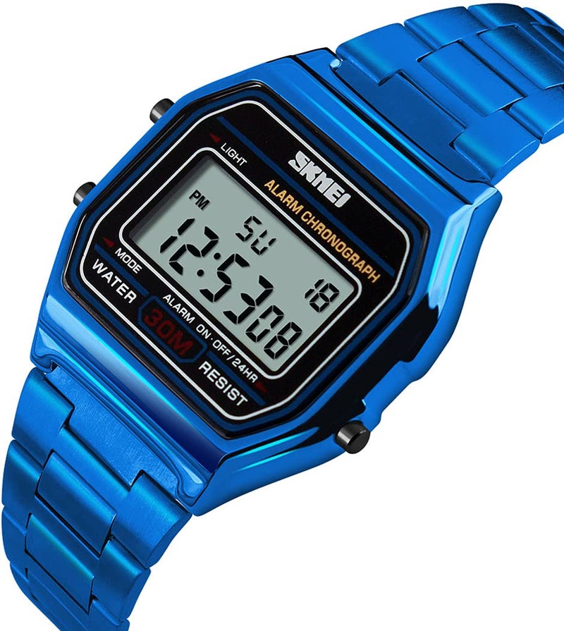 MASTOP Women's Classic Simple Petite Electronic Quartz Watch Stainless Steel Square Slim Led Digital Watch (1123 S Blue) - Image 3