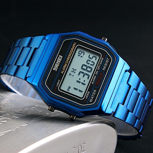 MASTOP Women's Classic Simple Petite Electronic Quartz Watch Stainless Steel Square Slim Led Digital Watch (1123 S Blue) - Image 4
