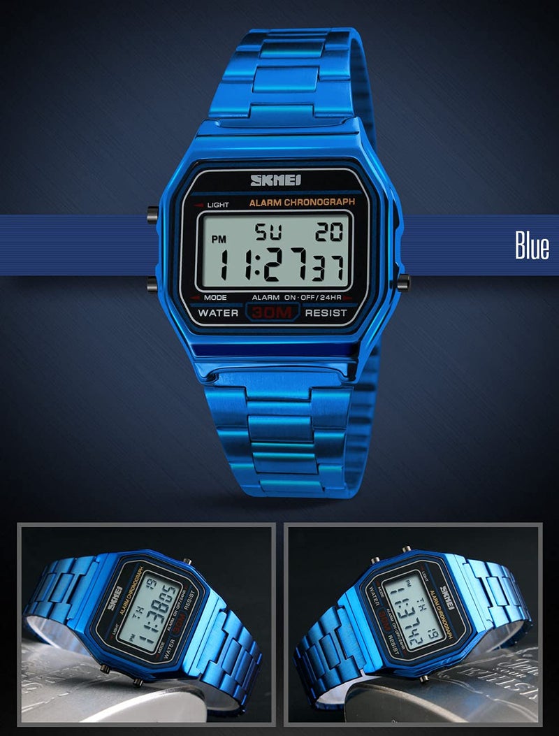 MASTOP Women's Classic Simple Petite Electronic Quartz Watch Stainless Steel Square Slim Led Digital Watch (1123 S Blue) - Image 5