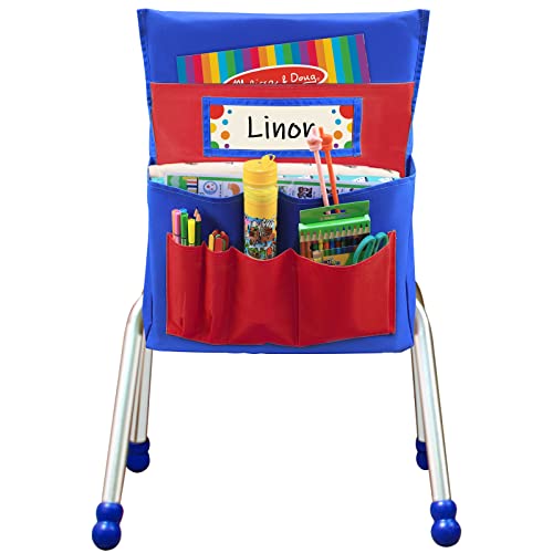 AUVCAS School Seat Chair with Storage Pocket Organizer, Label Slot, Multiple Pockets for School, Home, Classroom, Preschool, Daycare (Red+Blue) - Image 2