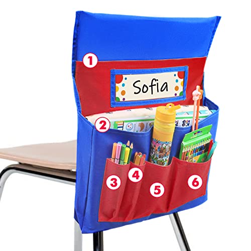 AUVCAS School Seat Chair with Storage Pocket Organizer, Label Slot, Multiple Pockets for School, Home, Classroom, Preschool, Daycare (Red+Blue) - Image 1