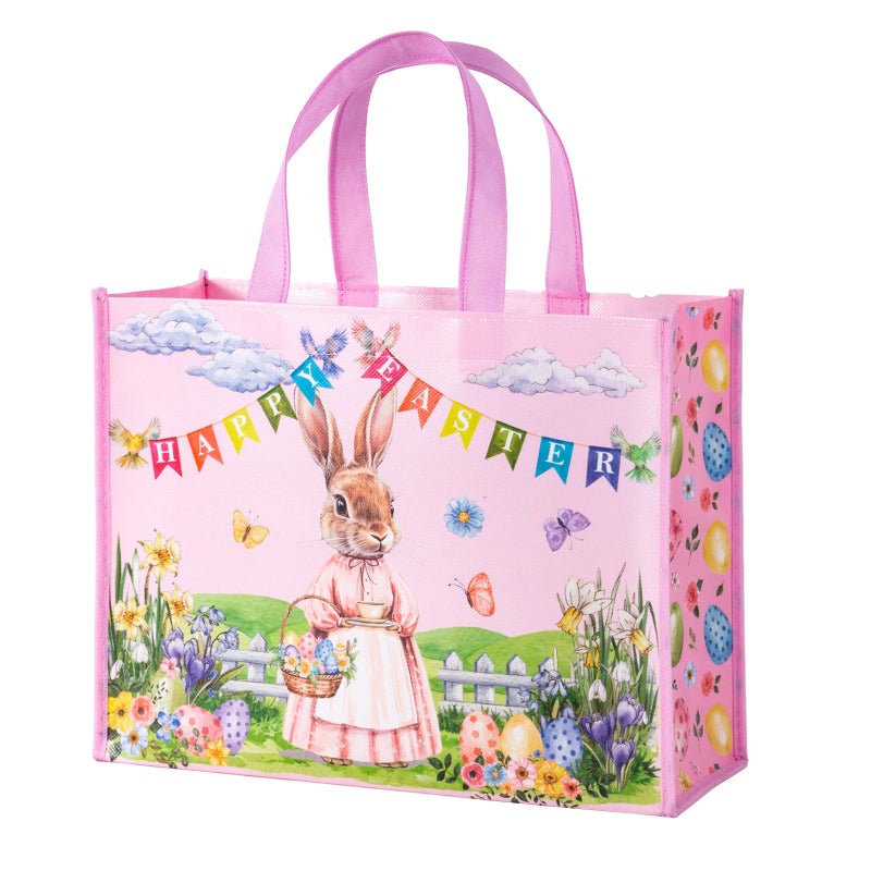 WRAPAHOLIC 13 Large Reusable Easter Gift Bag with Handles Pink Bunny Eggs Gift Bags for Happpy Easter Baby Girl Shower Kids Birthday and Spring - Image 2
