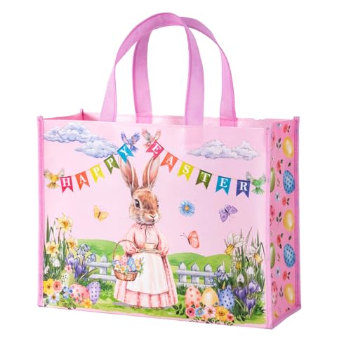 WRAPAHOLIC 13 Large Reusable Easter Gift Bag with Handles Pink Bunny Eggs Gift Bags for Happpy Easter Baby Girl Shower Kids Birthday and Spring - Image 1