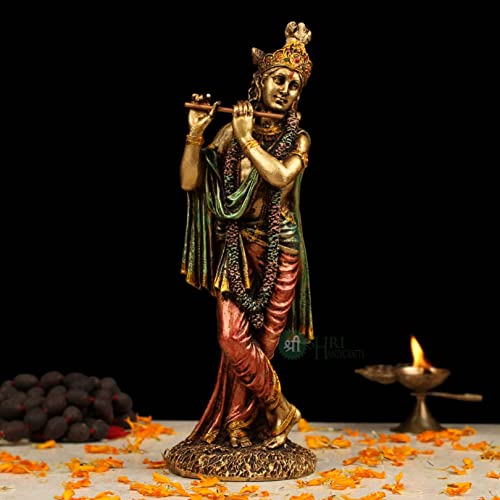 INDICAST Cold Cast Resin Krishna Showpiece Antique Decor Thakur ji for Gifting Purpose (10 Inches, Metal Finish) - Image 1
