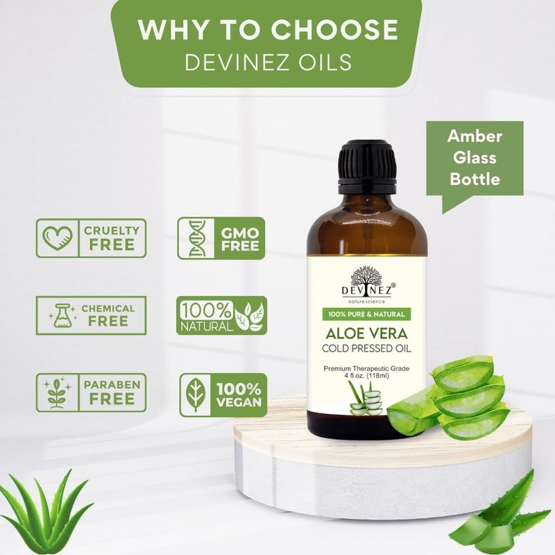 Devinez Aloe Vera Cold Pressed Oil with Premium Lotion Pump - Therapeutic Grade, 100% Pure Natural Oil for Glowing Skin, Body, Hair, Face Moisturizer, Massage and Aromatherapy (118 ml) - Image 2