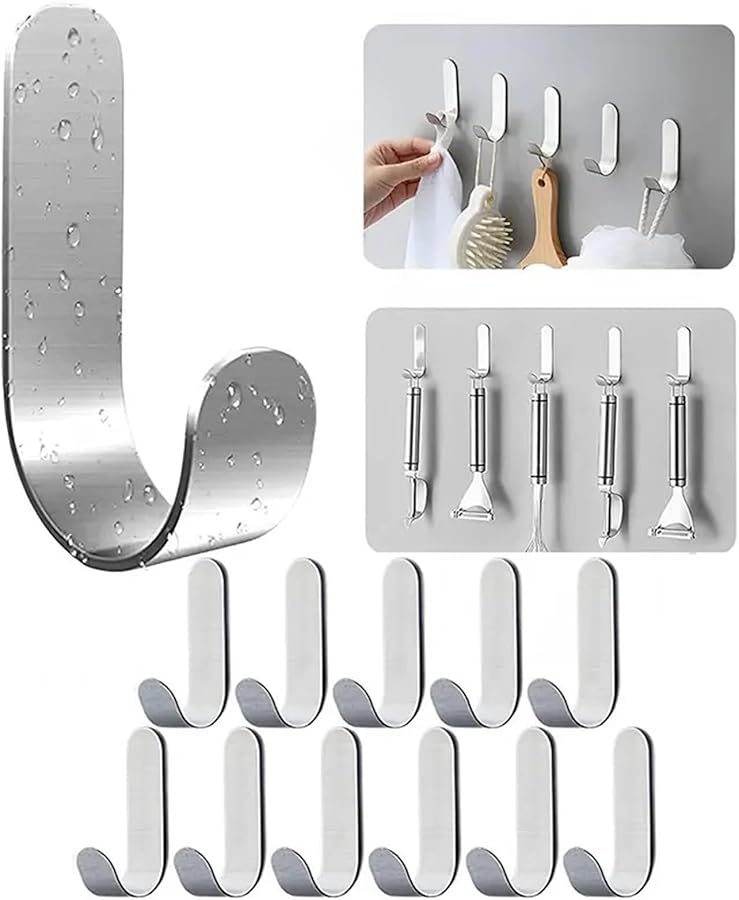 Stainless Steel Self Adhesive Wall Hooks 10 Pieces Silver Utility Key Holder For Kitchen Shower - Image 5