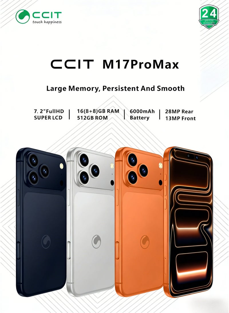 CCIT M17 Pro Max Smartphone 7.2-inch Full HD Super LCD 16GB RAM (8+8) 512GB ROM Android 15 4G Dual SIM High Capacity 6000mAh Battery - Orange - Image 5