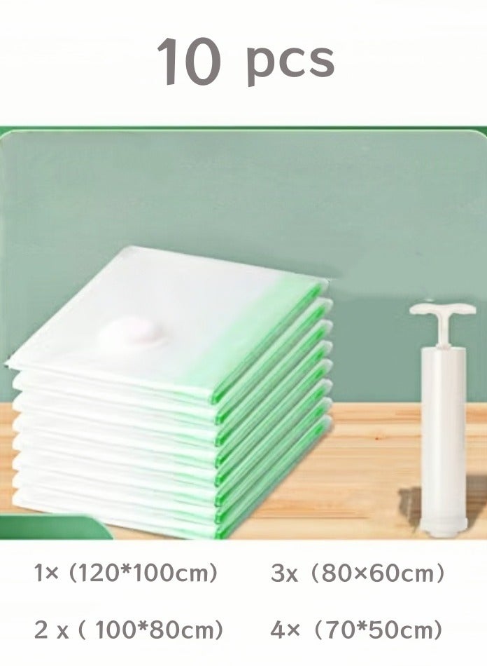 10 قطع أكياس مضغوطة إضافية كبيرة، أكياس تخزين مفرغة من الهواء، أكياس بلاستيكية قابلة لإعادة الاستخدام لتوفير المساحة مع مضخة يدوية، أكياس ضاغطة محكمة للبطاطس والبطانيات والملابس والوسائط والسفر (مع مضخة يدوية) - Image 1