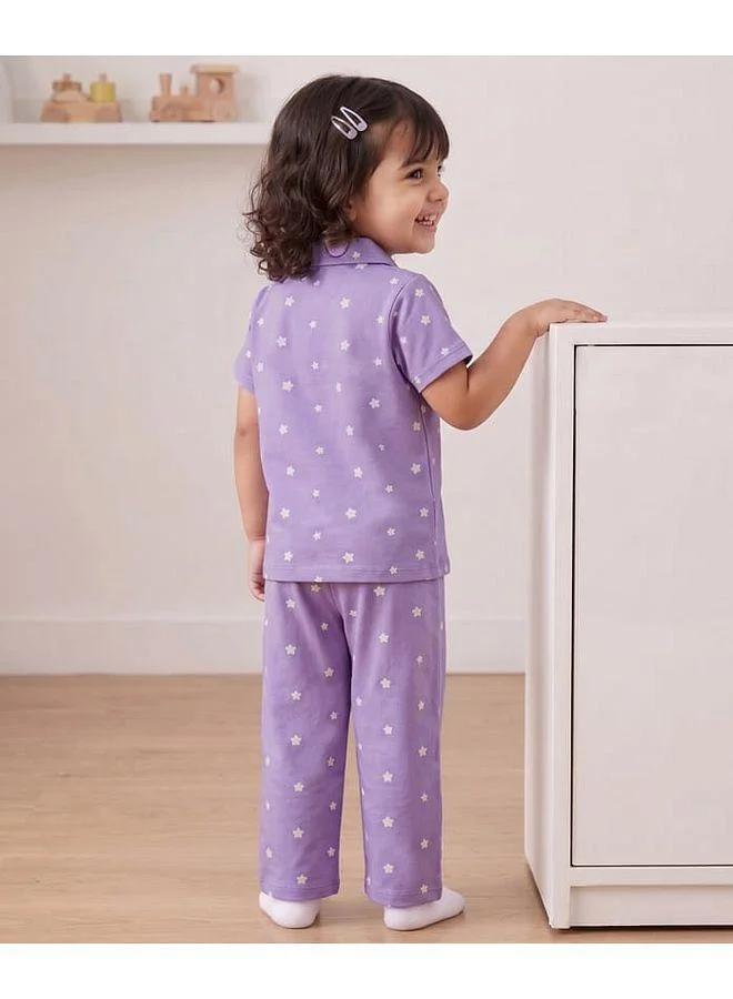 Babyhug Babyhug Cotton Knit Half Sleeves Shirt & Pyjama Night-Suit With Star Print - Purple