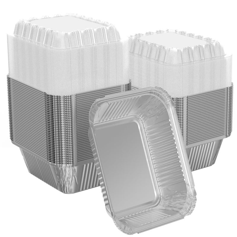 iHomeSet 200 Pack 1 lb Rectangular Disposable Aluminum Foil Pan 16 oz Take Out Food Containers with Clear Plastic Dome Lids for Catering Baking Roasting Food
