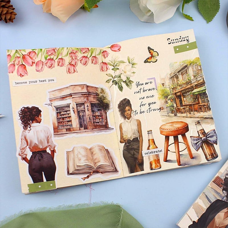 Dwpetzo A5 Pre-Cut Journal Sticker Book for Journaling, Dual Materials, Women House 20 Unique Junk Journal Stickers Paper Sheets for Scrapbooking Supplies Bujo DIY Crafts Arts - Image 4
