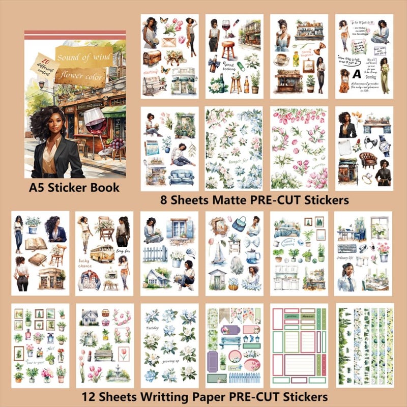 Dwpetzo A5 Pre-Cut Journal Sticker Book for Journaling, Dual Materials, Women House 20 Unique Junk Journal Stickers Paper Sheets for Scrapbooking Supplies Bujo DIY Crafts Arts - Image 2