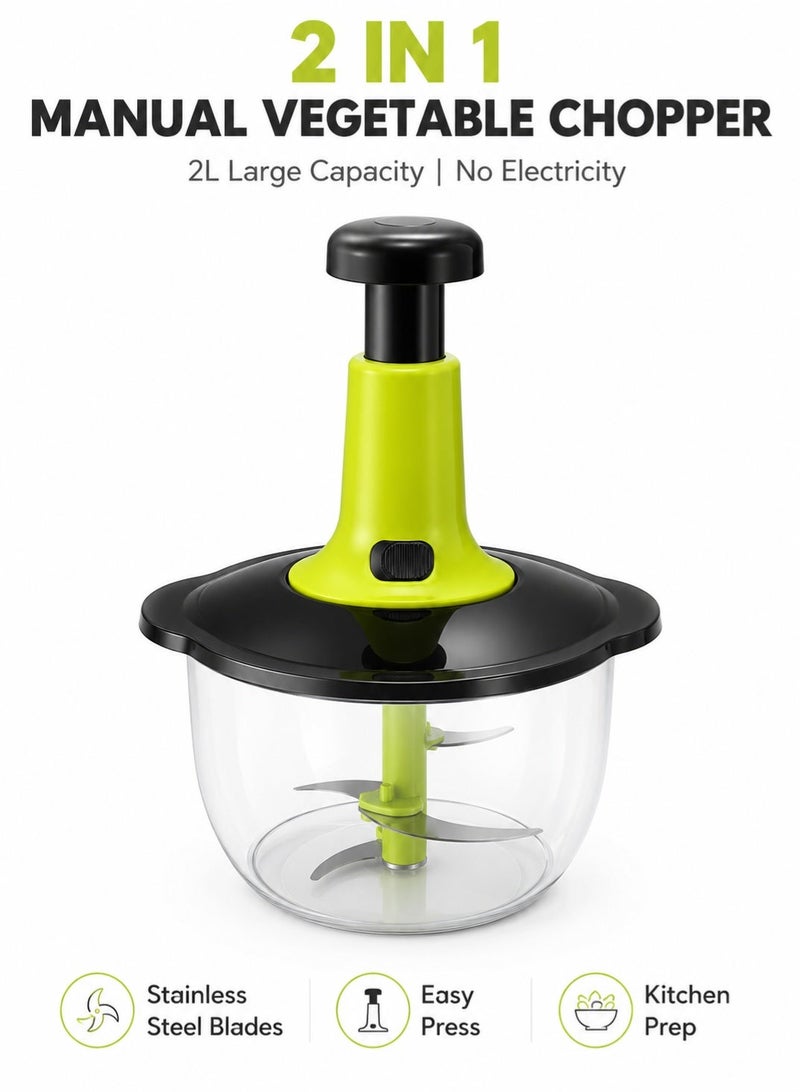 Leoxol Manual Vegetable Chopper 2 In 1 | 2L Hand Press Food Cutter | Stainless Steel Blades | No Electricity Onion Garlic Salad Mincer - Image 1