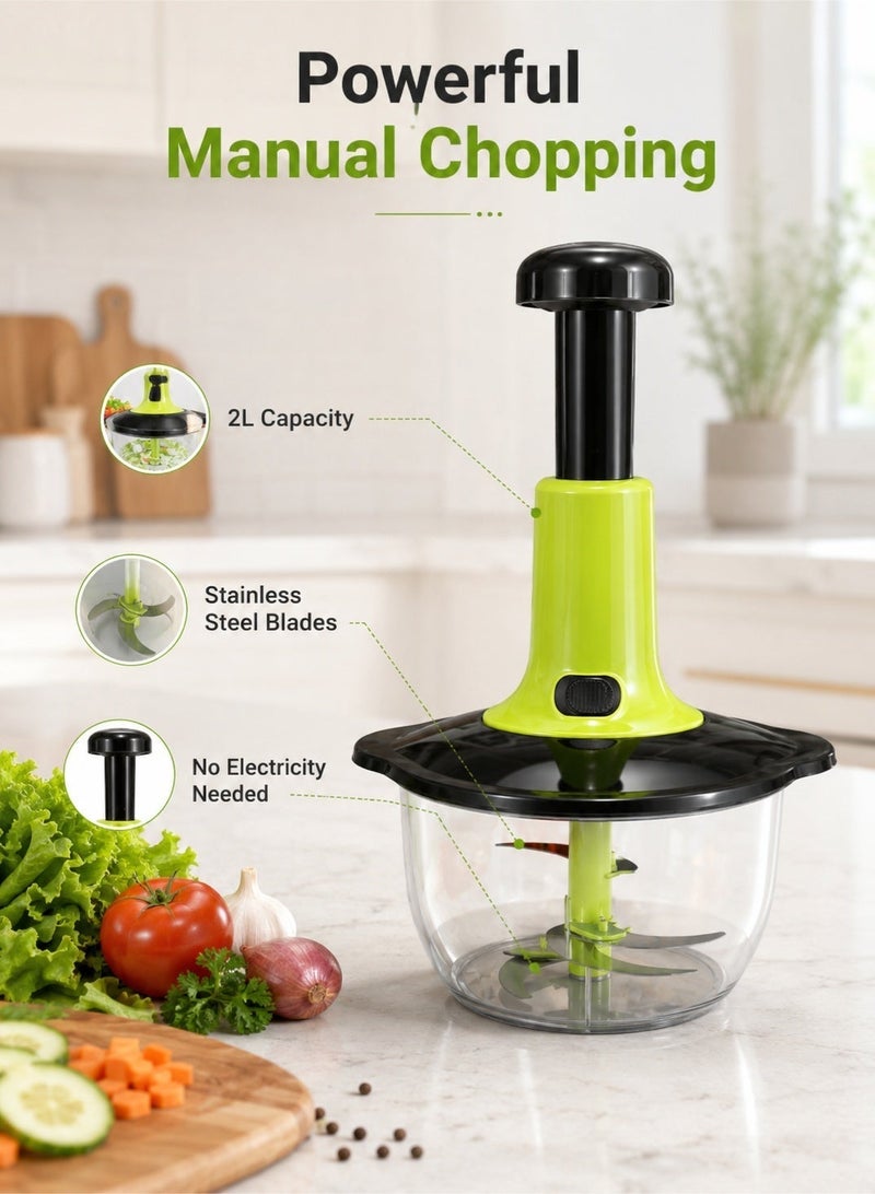 Leoxol Manual Vegetable Chopper 2 In 1 | 2L Hand Press Food Cutter | Stainless Steel Blades | No Electricity Onion Garlic Salad Mincer - Image 4