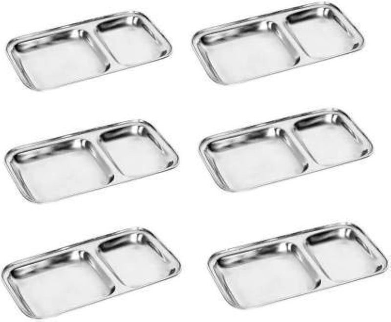 Dynore Stainless Steel 2 in 1 Two Compartment NastaSnacksDinner PlatePartition Plate Set of 6 - Image 1