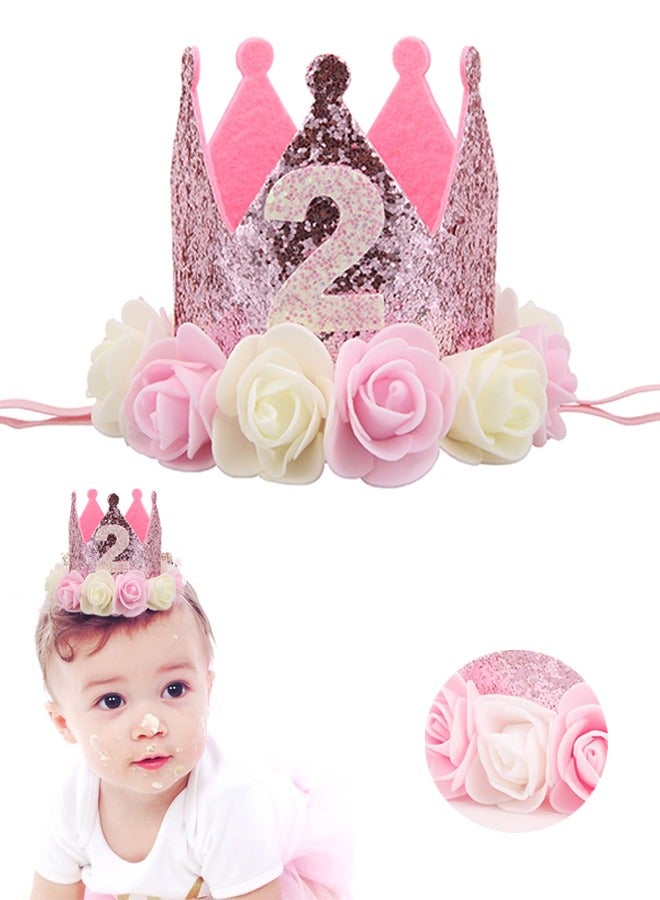 2nd Birthday Hat, Girl Decorations First For Baby Gifts Rose Gold Pink Crown Party Two Year Old Princess - Image 1