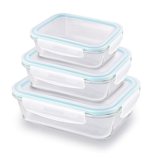 ATTRO Glassox Classic Rectangle Lunch Box with Locking Lid Borosilicate Glass Lunch Box Fridge Organizer Microwave & Freezer Safe Set of 3 370 ML, 630 ML, 1040 ML,Transparent - Image 1