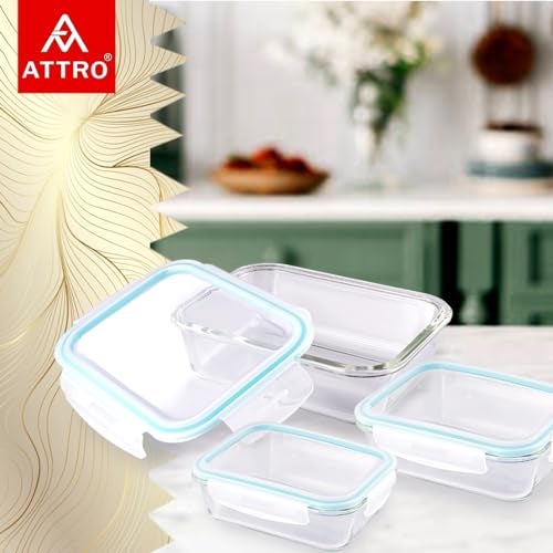 ATTRO Glassox Classic Rectangle Lunch Box with Locking Lid Borosilicate Glass Lunch Box Fridge Organizer Microwave & Freezer Safe Set of 3 370 ML, 630 ML, 1040 ML,Transparent - Image 2