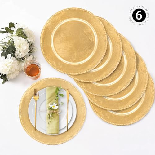 MAONAME أطباق شحن ذهبية من MAONAME مزينة بالخرز، أطباق شحن 13" لأطباق العشاء، أطباق دائرية بلاستيكية لتنسيق الطاولة، مجموعة من 6 - Image 2